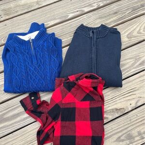 Sweaters and a flannel shirt, size large/14-16 boys